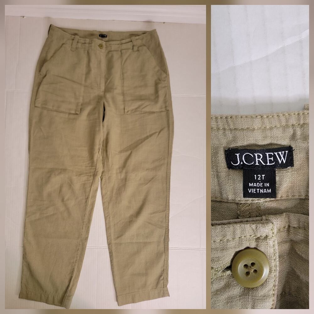J Crew Pants SZ 12T Seaside Cargo In Linen Tencel Blend Green Coastal BX765
